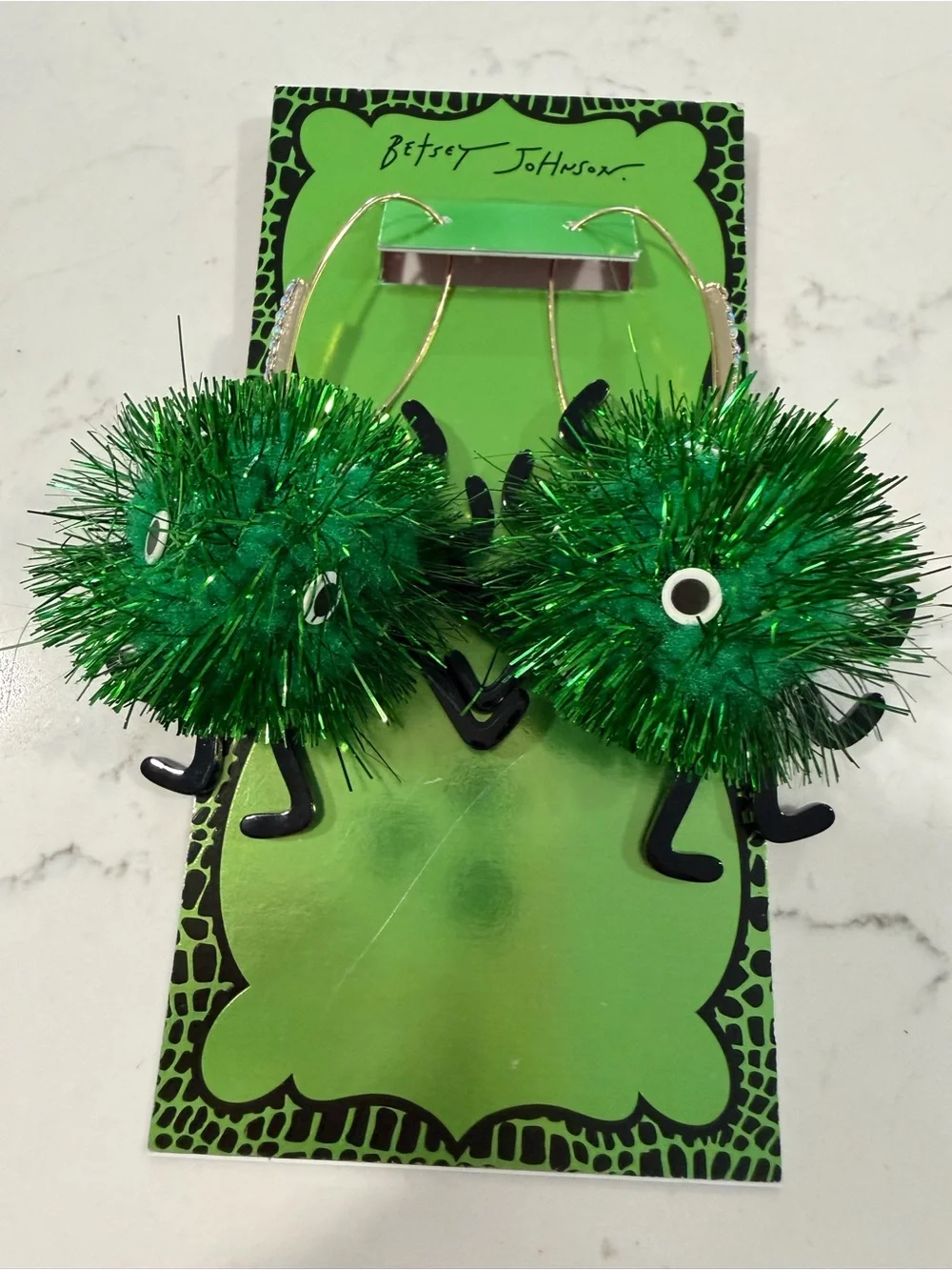 Betsey Johnson Green Tinsel Pom-Pom Monster Earrings